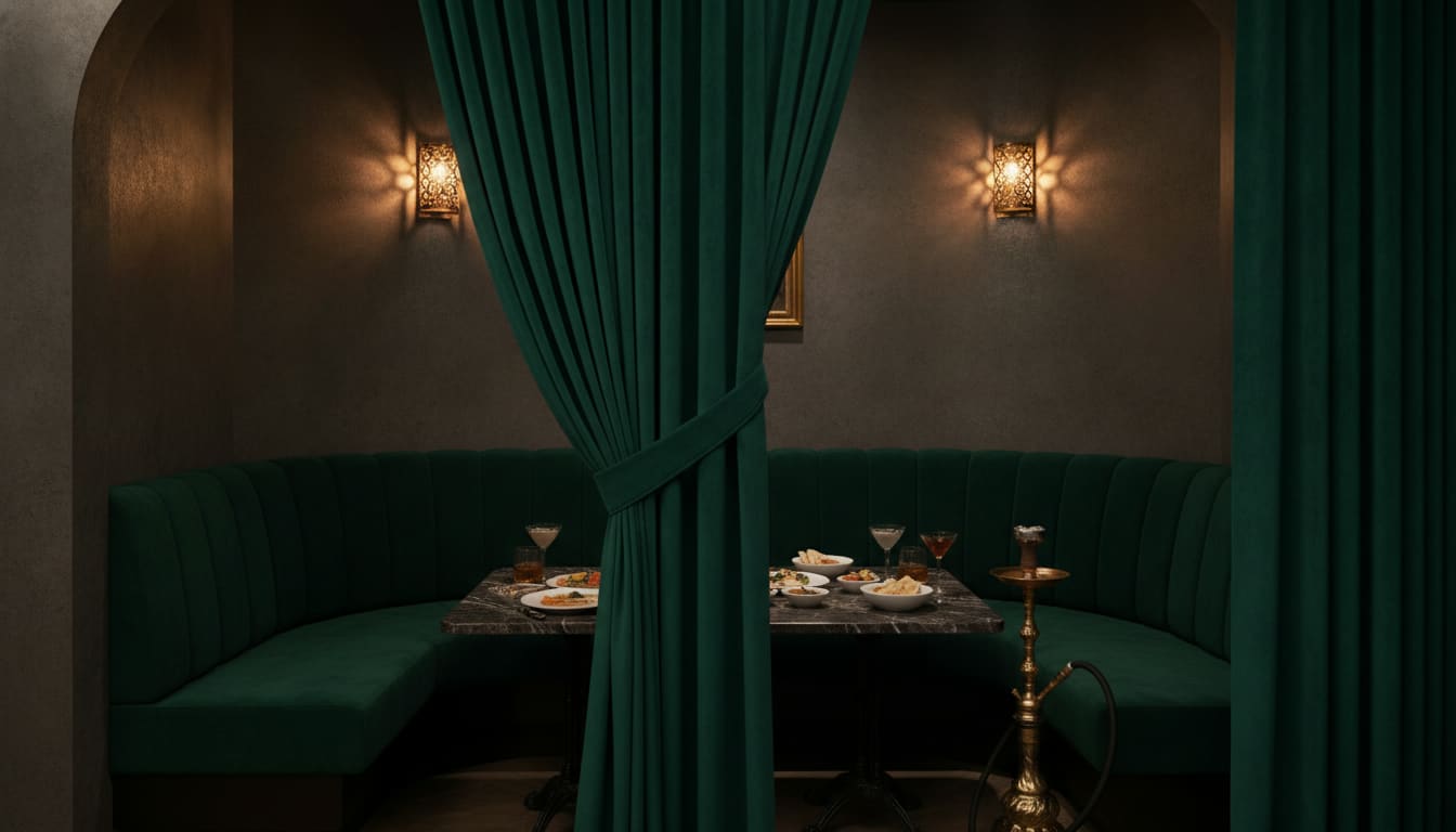 Une alcôve de six couverts, banquette en velours et rideau tiré.